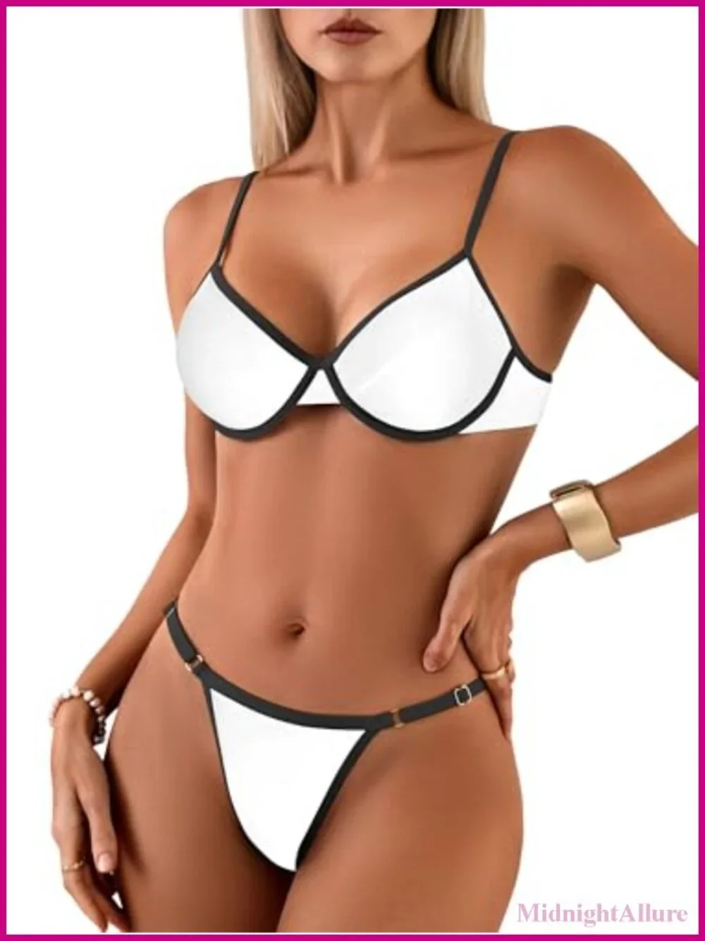 Women's Underwire Thong Bikini Set Push Up Contrast Binding Two Piece Swimsuit